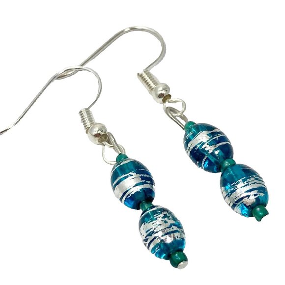 Murano Style Blue Silver Art Glass Bead Earrings Plated Dainty Dangle Handmade - Picture 4 of 7